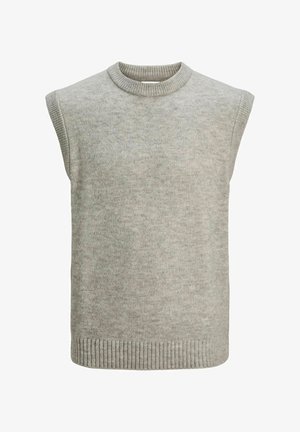 Lys grå strikket ærmeløs sweater vest med ribbet rund hals, armhuler og kant.