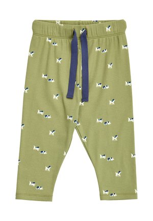 Jasnozielone spodnie dla malucha z granatowym sznurkiem i małymi białymi oraz granatowymi nadrukami psów.