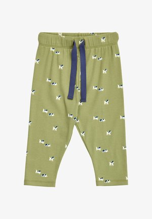 Pantalon vert clair pour tout-petit avec cordon de serrage bleu marine et petits imprimés de chiens blancs et bleus marine partout.