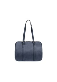 Borsa a spalla in pelle blu navy con due manici lunghi, forma rettangolare, superficie testurizzata e strisce verticali a contrasto lungo la parte frontale.