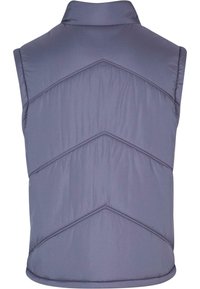 Lätt, ärmlös väst i dämpat grått, med zigzag-stygn och ståkrage. Slät, puffig tyg med en modern skärning.