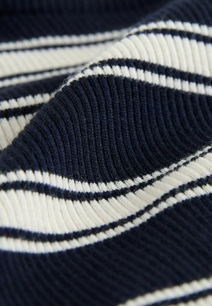 Marineblau und cremefarben gestreifter Stoff mit gerippter Textur, der abwechselnd breite und schmale Streifen aufweist und ein durchgängiges Muster bildet.