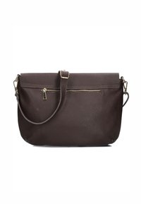 Donkerbruin leren handtas met een gestructureerde afwerking, een ritszak aan de buitenkant en een afneembare schouderband. Voorzien van hardwareaccenten in goudkleur.