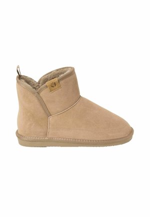 Tan suede ankle boot with faux fur lining, almond-shaped toe, stitched seam details, and a small pull tab at the back.