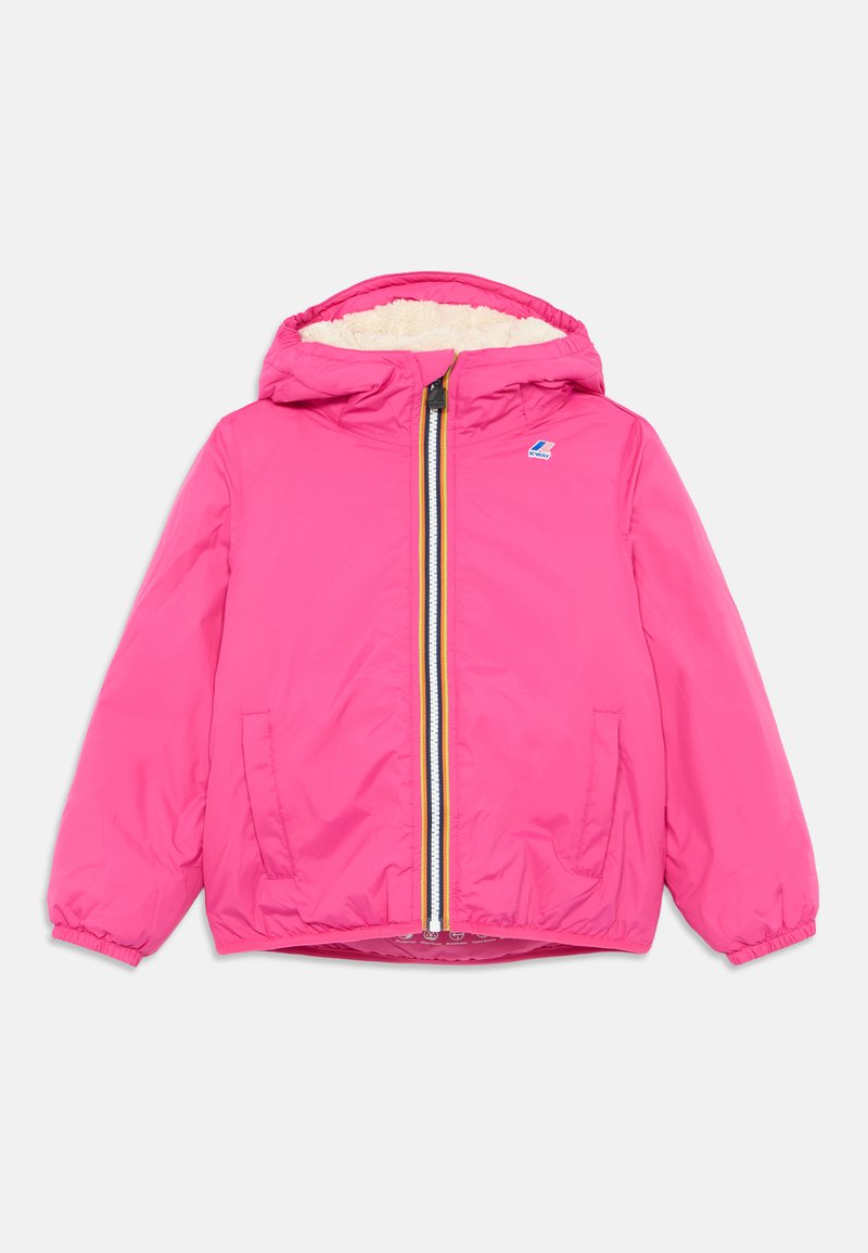 Veste à capuche rose avec fermeture éclair à l'avant, poignets élastiques et doublure intérieure douce. Comprend des poches latérales et un logo de marque.