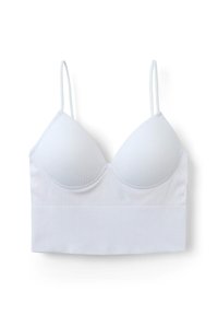 Bralette bianco a costine, con spalline sottili regolabili, coppe sagomate e un morbido elastico alla base. Texture liscia su tutta la superficie.