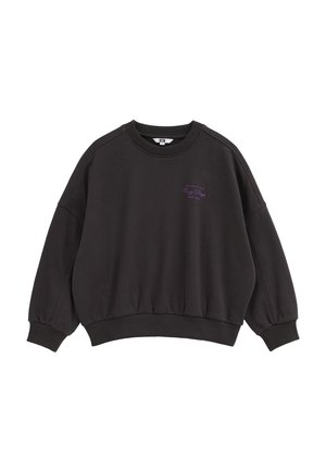 Sweat-shirt noir col rond avec poignets et ourlet côtelés, avec un petit texte violet sur la poitrine gauche indiquant "Cozy Days Est. 1987".
