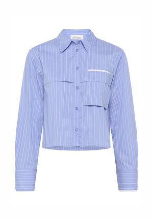 Blue striped cropped shirt with long sleeves, button-up front, and a single chest pocket featuring a white trim detail.