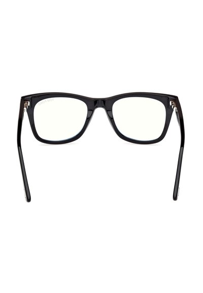 Zwarte rechthoekige bril met dikke monturen en metalen scharnieren, van voren getoond op een witte achtergrond.