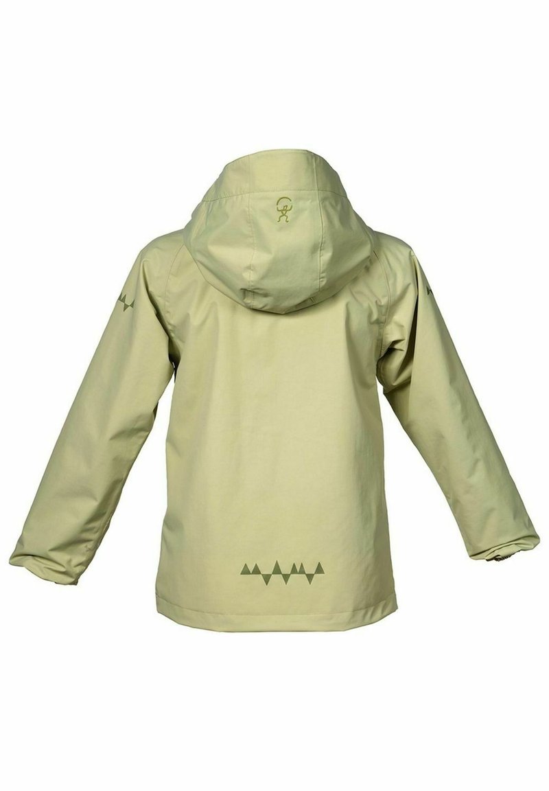 Vaaleanvihreä huppujakku, jossa on pitkät hihat, geometrinen logo alhaalla selässä, ja pieni symboli hupussa ja hihoissa, nähtynä takaa.