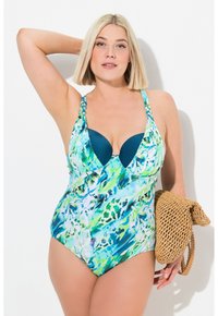 Maillot de bain une pièce dans des nuances de vert et de bleu avec un motif floral, décolleté en V profond, bretelles en tresses et bonnets rembourrés amovibles.