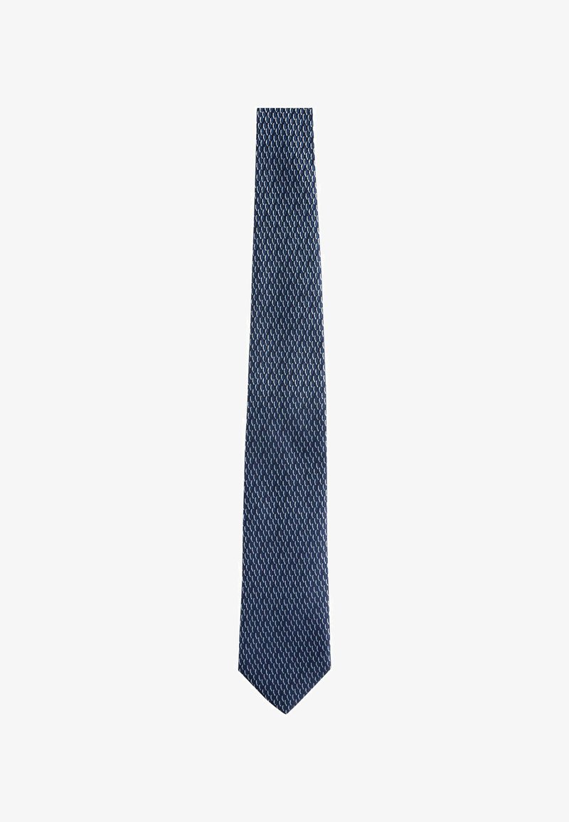 Mørkeblå slips med en tekstureret, geometrisk mønster. Slankt design med en spids ende, lavet af stof. Den samlede længde er standard for herreslips.