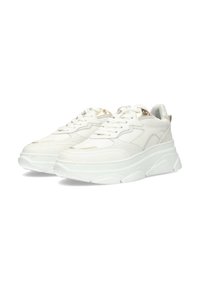 Weiße Sneaker mit einem strukturierten Leder-Obermaterial, Plateausohle und goldenen Akzenten. Mit Schnürverschluss und glattem, rundem Zehenbereich.