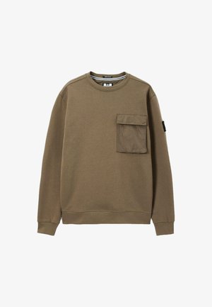 Brown long-sleeve sweatshirt with a large square pocket on the left chest and a small black patch on the left upper sleeve.