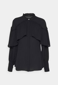 Blusa nera realizzata in tessuto leggero, con design a strati con volant, colletto alto e maniche lunghe a sbuffo con dettagli ai polsini.