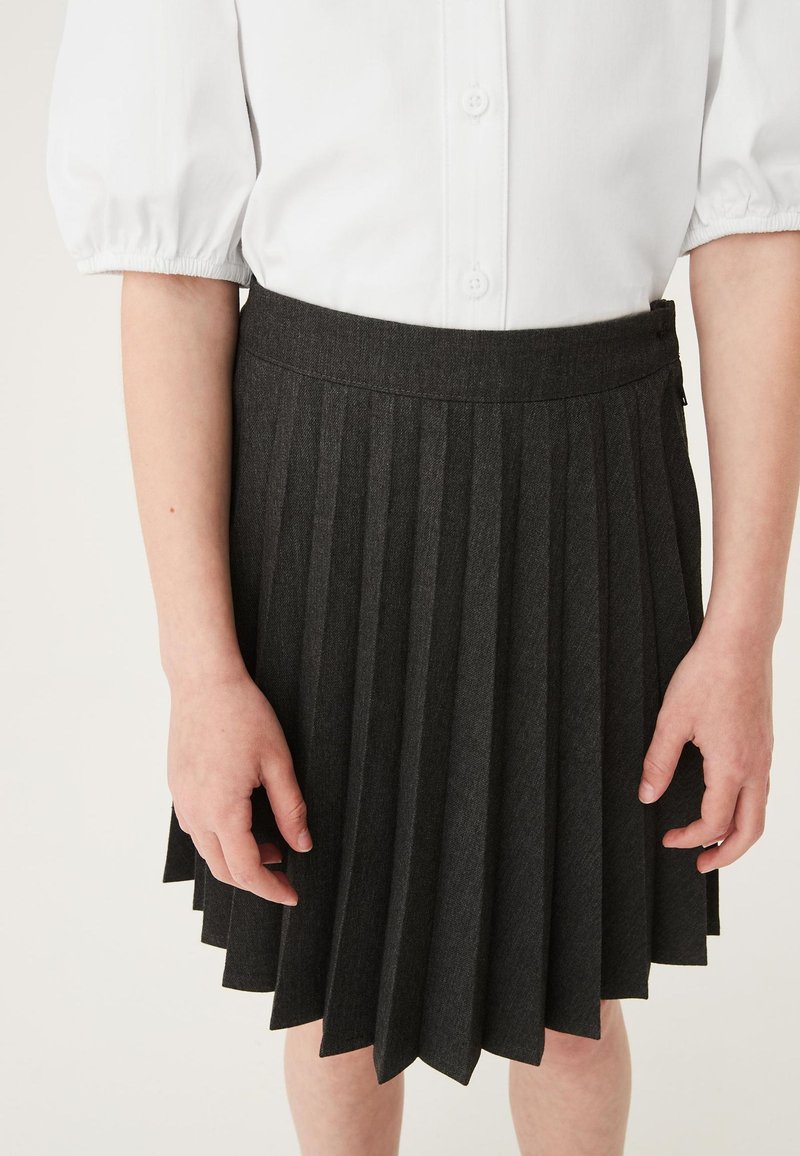 Grijze geplisseerde rok van textuurstof, met een effen tailleband en scherpe, gelijkmatig verdeelde verticale plooien. Accessoire details niet zichtbaar.