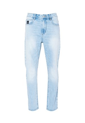 Lichtblauwe denim jeans met een rechte pijp, voorzien van een knoop- en ritssluiting, vijf zakken en een verweerde wassing.