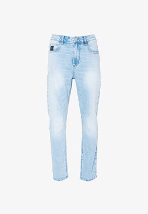 Lyseblå denimjeans med rette ben, med knapp og glidelås, fem lommer og falmet vaskedetalj.