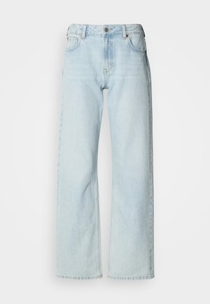 Hellblaue Jeans mit weitem Bein aus Denim. Verfügen über ein klassisches Fünf-Taschen-Design, Gürtelschlaufen und einen Knopfverschluss. Leicht verwaschene Textur.