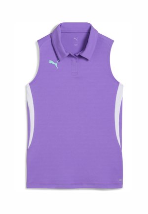 Mouwloos, paarse polo met een kraag en een lichtblauw logo op de borst, met witte zijpanelen. Gelaagde stofontwerp.