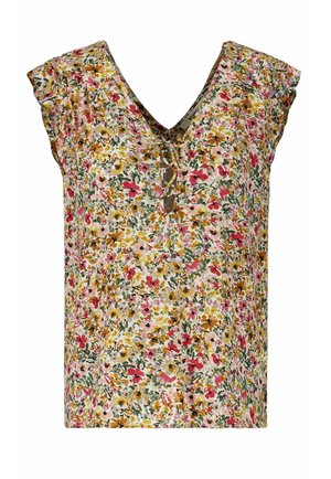 Floral sleeveless blouse with ruffled shoulders, V-neckline, and front tie detail in pink, yellow, green, and brown tones on white background.