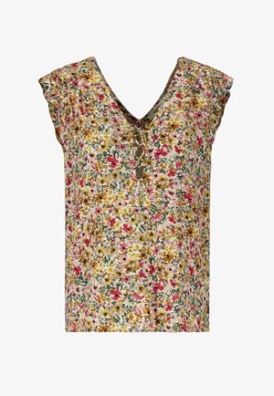 Kwiatowa bluzka bez rękawów z falbankami na ramionach, dekoltem w serek i wiązaniem z przodu w odcieniach różu, żółci, zieleni i brązu na białym tle.