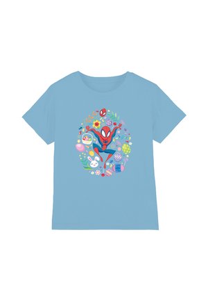 Blaues Baumwoll-T-Shirt mit einem bunten Grafikdesign von Spider-Man, umgeben von Blumen, Ostereiern und verspielten Symbolen. Kurze Ärmel, lockere Passform.