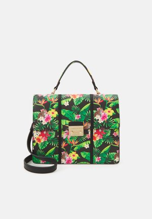 Black handbag with tropical floral and leaf print, gold-tone clasp, top handle, and detachable shoulder strap.