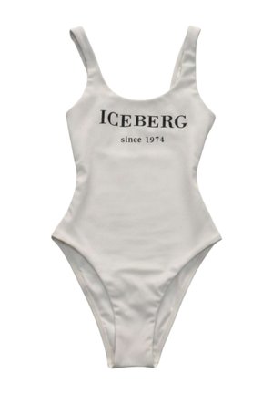 Costume intero bianco con spalline larghe e testo nero "ICEBERG since 1974" stampato sul petto.