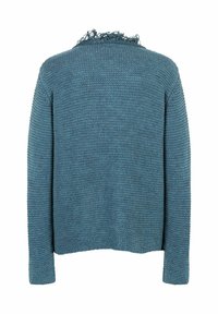 Texturierter teal-farbener Cardigan mit langen Ärmeln und einem fransigen Ausschnitt, der einen lockeren Schnitt und ein geflochtenes Strickmaterial aufweist.