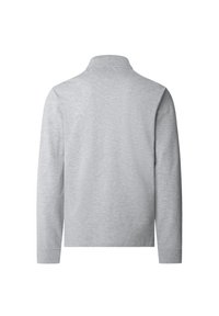 Vaaleanharmaa pitkähihaisen pusero kauluksella. Pehmeä, teksturoitu kangas, joka on sileä ja jossa ei ole näkyviä kuvioita tai koristeita.