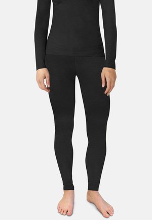 Black thermal long-sleeve top and leggings set, featuring a fitted design, soft texture, and seamless construction for comfort.