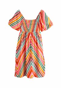 Kortärmad klänning med ett smockat liv, prydd med ett chevron-mönster i livliga nyanser av rosa, orange, grönt och gult. Tillverkad av lättviktsmaterial.