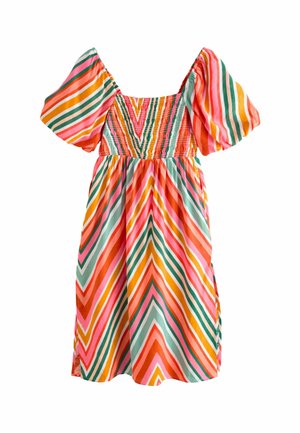 Kortärmad klänning med ett smockat liv, prydd med ett chevron-mönster i livliga nyanser av rosa, orange, grönt och gult. Tillverkad av lättviktsmaterial.