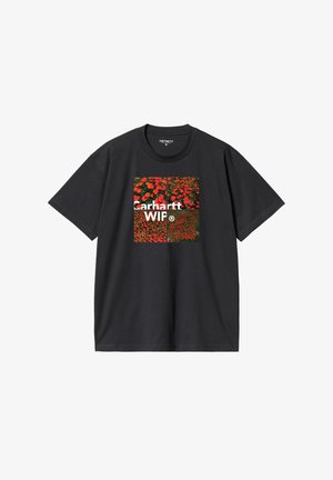 Czarna koszulka z krótkim rękawem z grafiką z przodu przedstawiającą cztery czerwone naszywki kwiatowe oraz białym napisem "Carhartt WIP" nałożonym na wzór.