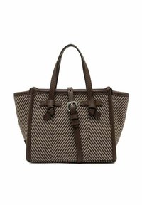 Borsa tote intrecciata marrone con motivo a spina di pesce, dettagli in pelle, due manici e cinghie decorative. Forma rettangolare robusta.