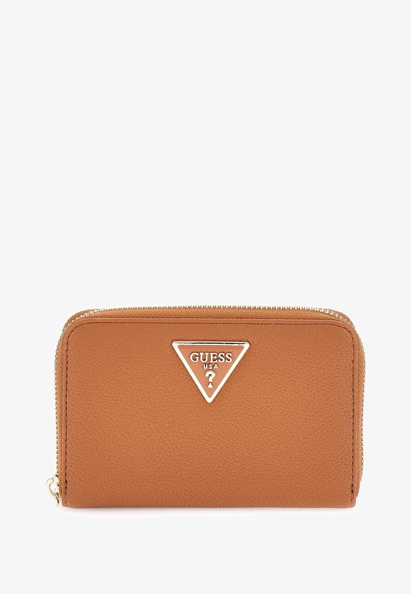 Tan leather wallet with a gold triangular logo, zip closure, textured surface, and stitching detail along the edges.