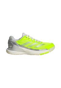 Neon yellow and gray athletic shoe with white laces, mesh upper, and cushioned sole designed for running or training.
