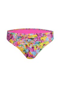 Multikleurige bikini-broek met een bloemenpatroon in roze, geel en groen, met een brede tailleband en gerimpelde details.