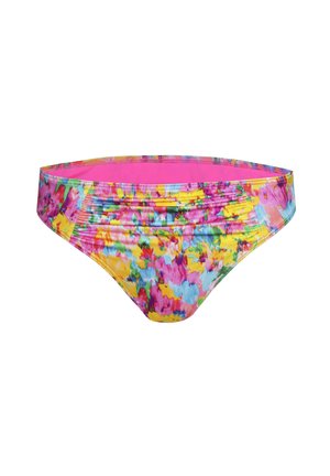 Wielokolorowe majtki bikini z kwiatowym wzorem w odcieniach różu, żółci i zieleni, z szerokim pasem i marszczeniem.