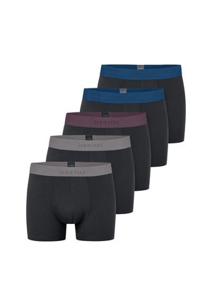 Cinq paires de boxers pour hommes en noir. Chacune présente des ceintures de différentes couleurs : bleu, gris et bordeaux. Matière en mélange de coton.