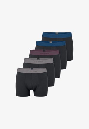 Fünf Paar Herren-Boxershorts in Schwarz. Jedes Paar hat unterschiedlich farbige Bündchen: Blau, Grau und Burgunderrot. Material aus Baumwollmischung.