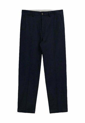 Pantaloni da uomo blu navy a gamba dritta con chiusura a bottoni e tasche laterali, esposti distesi su sfondo bianco.