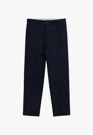 Pantaloni da uomo blu navy a gamba dritta con chiusura a bottoni e tasche laterali, esposti distesi su sfondo bianco.