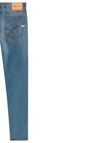 Jeans in denim blu chiaro con design a gamba dritta, caratterizzati da una toppa in pelle sulla vita e una tasca posteriore con dettagli del marchio.