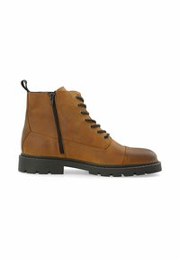 Botte cheville en cuir marron avec un bout rond, lacets à l'avant, fermeture éclair sur le côté et semelle en caoutchouc noir présentant un motif cranté pour l'adhérence.
