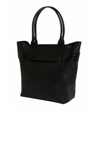 Sac fourre-tout en cuir noir avec deux longues poignées et une sangle d'accent texturée. Forme rectangulaire avec une finition lisse et sans matériel apparent.