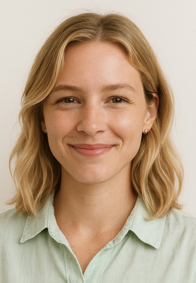 Blont hår med mjuka vågor, iförd en ljusgrön skjorta med krage. Slät hy med en naturlig look, minimala accessoarer, neutral bakgrund.