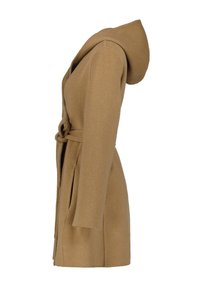 Brown hooded coat made of textured fabric. Features long sleeves, a belted waist, and two side pockets.