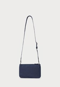 Navy crossbody bag made of smooth fabric, featuring a rectangular shape, adjustable strap, and a zip closure at the top.